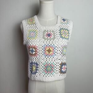 Y2K Crochet Top Womens Medium Pastel Festival Cottage Boho Granny Square Retro